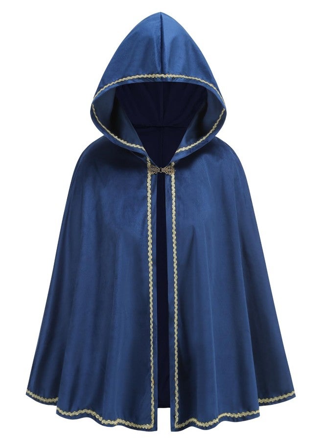 GRAJTCIN Renaissance Hooded Cape Medieval Cloak with Hood Victorian Capelet for Women Velvet Hobbit Halloween Costume (25.6", Blue) - Image 1